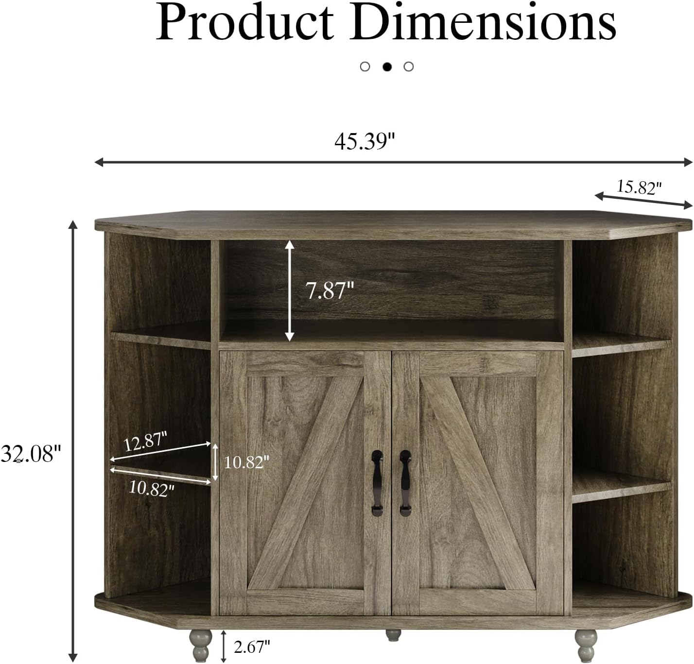 Diagram showing the dimensions of the 4 EVER WINNER Farmhouse Corner Entertainment Center, including width, height, and depth of shelves.