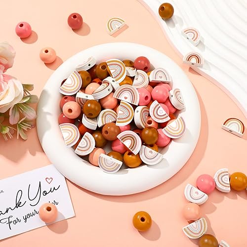 Miniatura 3 de 200 cuentas de madera con estampado de arco iris, cuentas de madera rústicas de granja, cuentas redondas naturales hechas a mano, cuentas