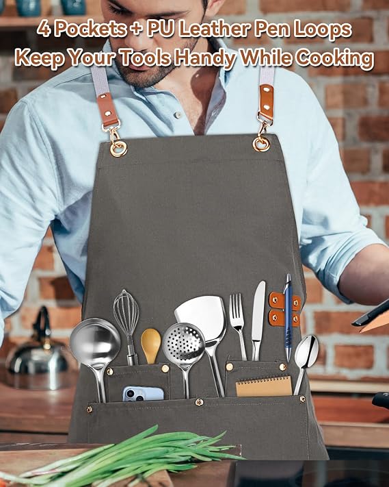 Teskyer Canvas Kitchen Apron with 4 Pockets