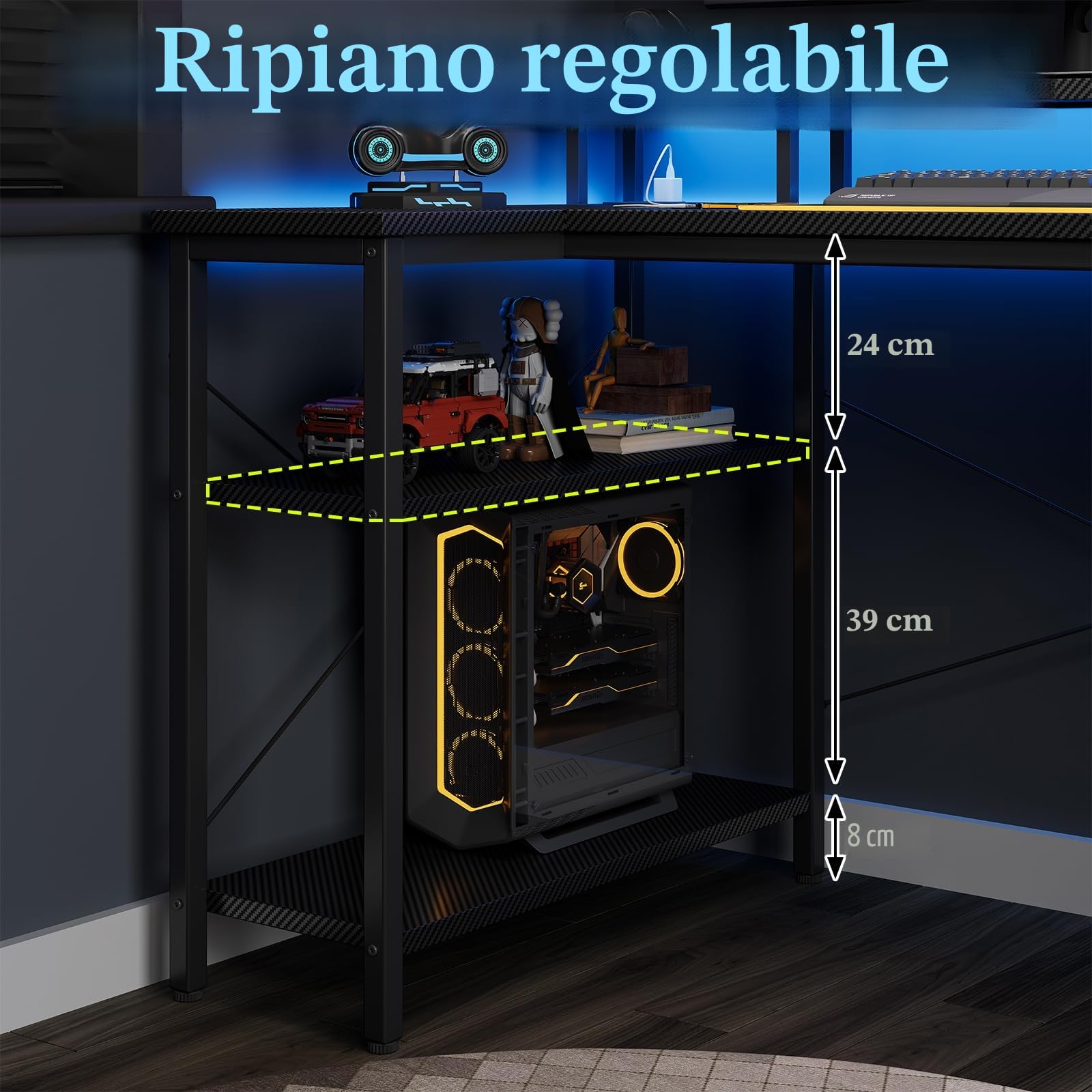 Grandder Scrivania ad Angolo Reversibile 120x70cm, Tavolino Computer a Forma L Ripiani Portaoggetti e Struttura in Acciaio, per Gaming, Computer, Ufficio, Studio e Casa, Nero