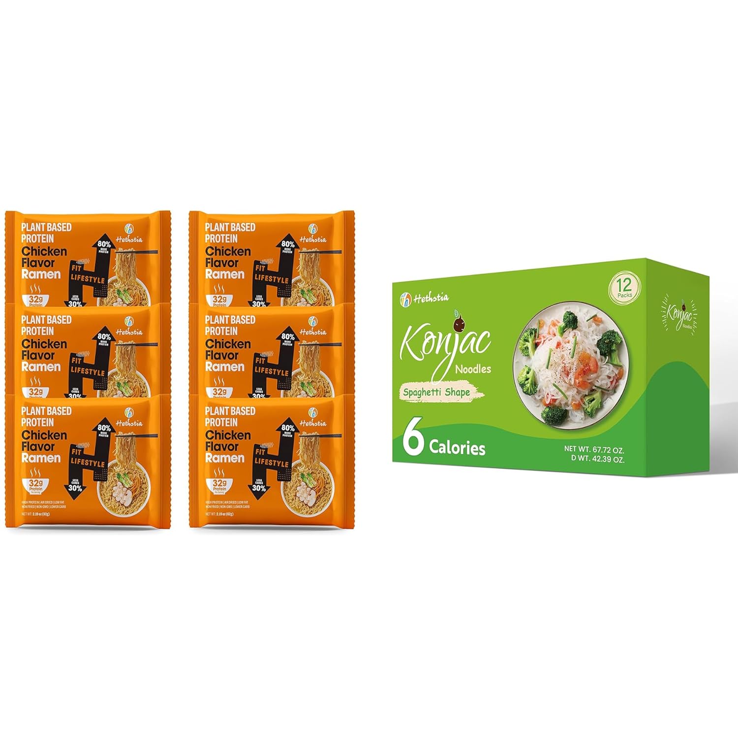Hethstia High Protein Ramen Chicken & Konjac Spaghetti Bundle, Plant-Based Protein Instant Noodle Soup with Low-Carb Shirataki Pasta, Vegan, Non-Fried, Low Fat, Healthy Meal Set