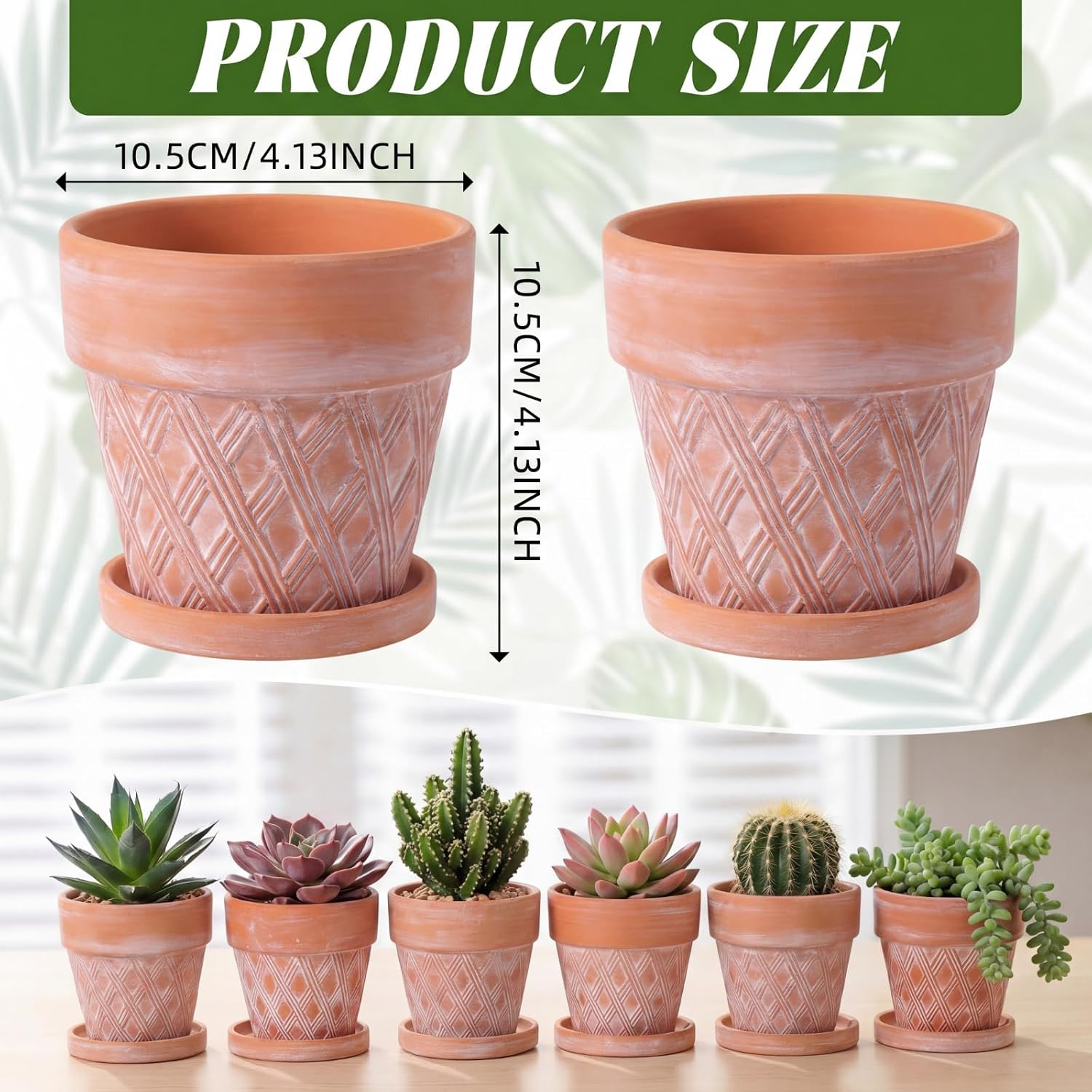 Maxdot Set of 6 Embossed Succulent Pots 4" Small Terracotta Pots with Drainage Hole and Saucer Rustic Clay Succulent Planter Pot Decorative Ceramic Cactu Flower Pot for Indoor Outdoor(Lattice Style)