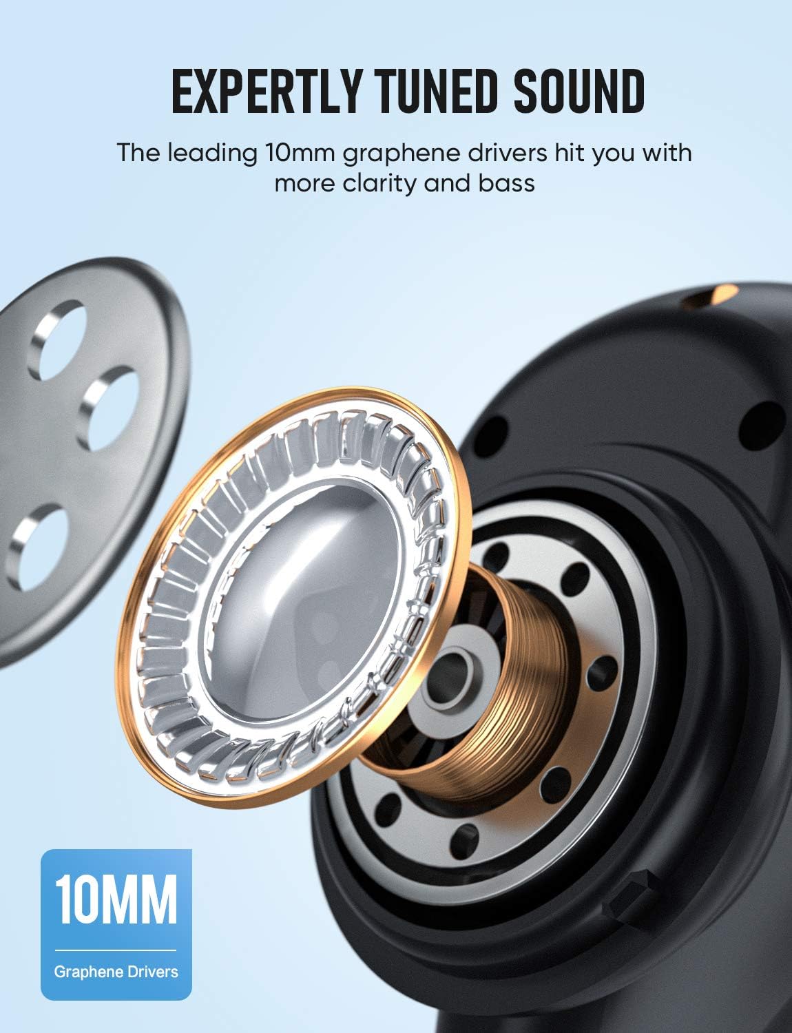 Close-up of VEENAX T8 earbud showing 10mm graphene driver