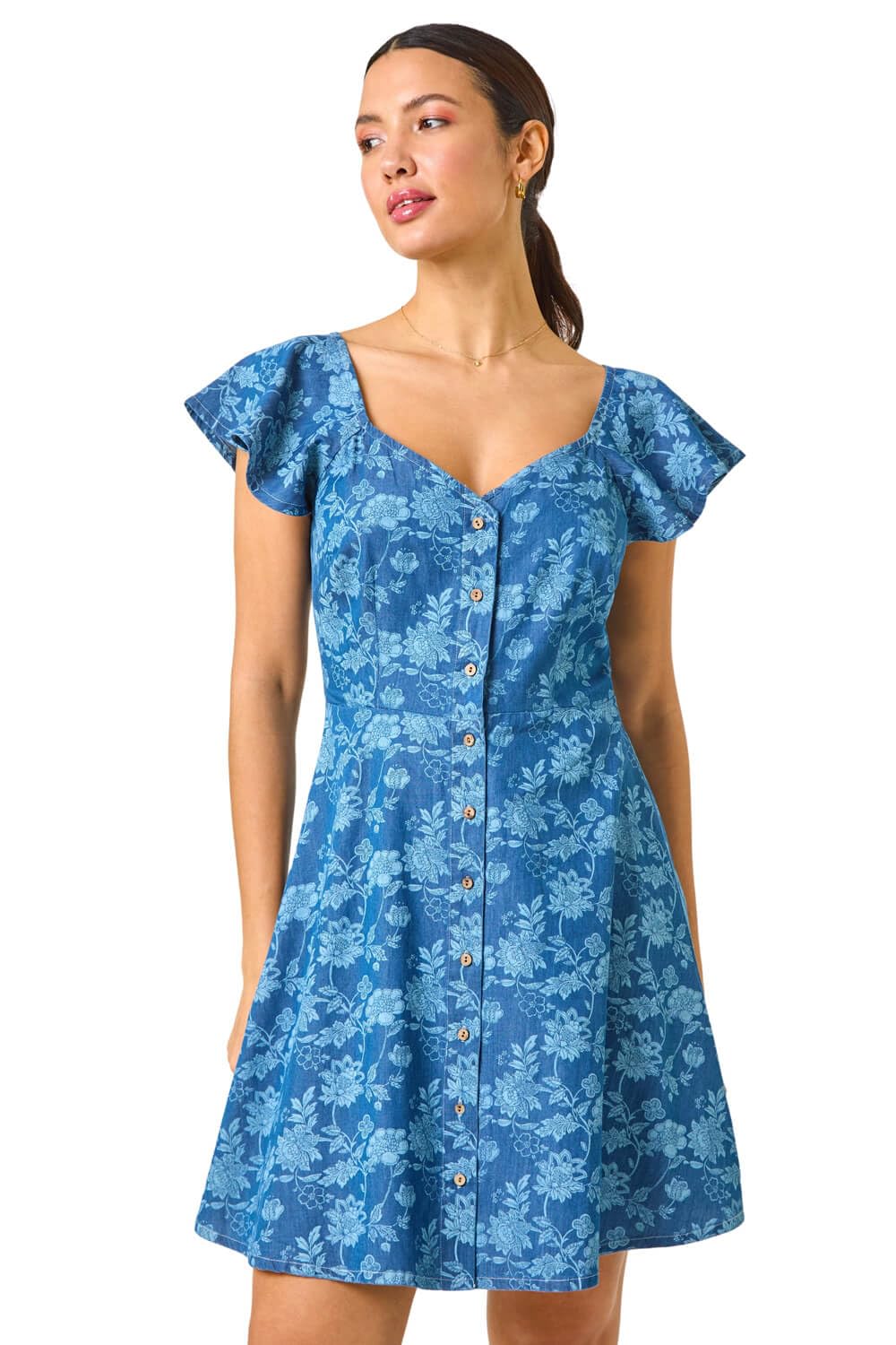 Roman Women's Blue Denim Print Buttoned Mini Dress In | Size: 20