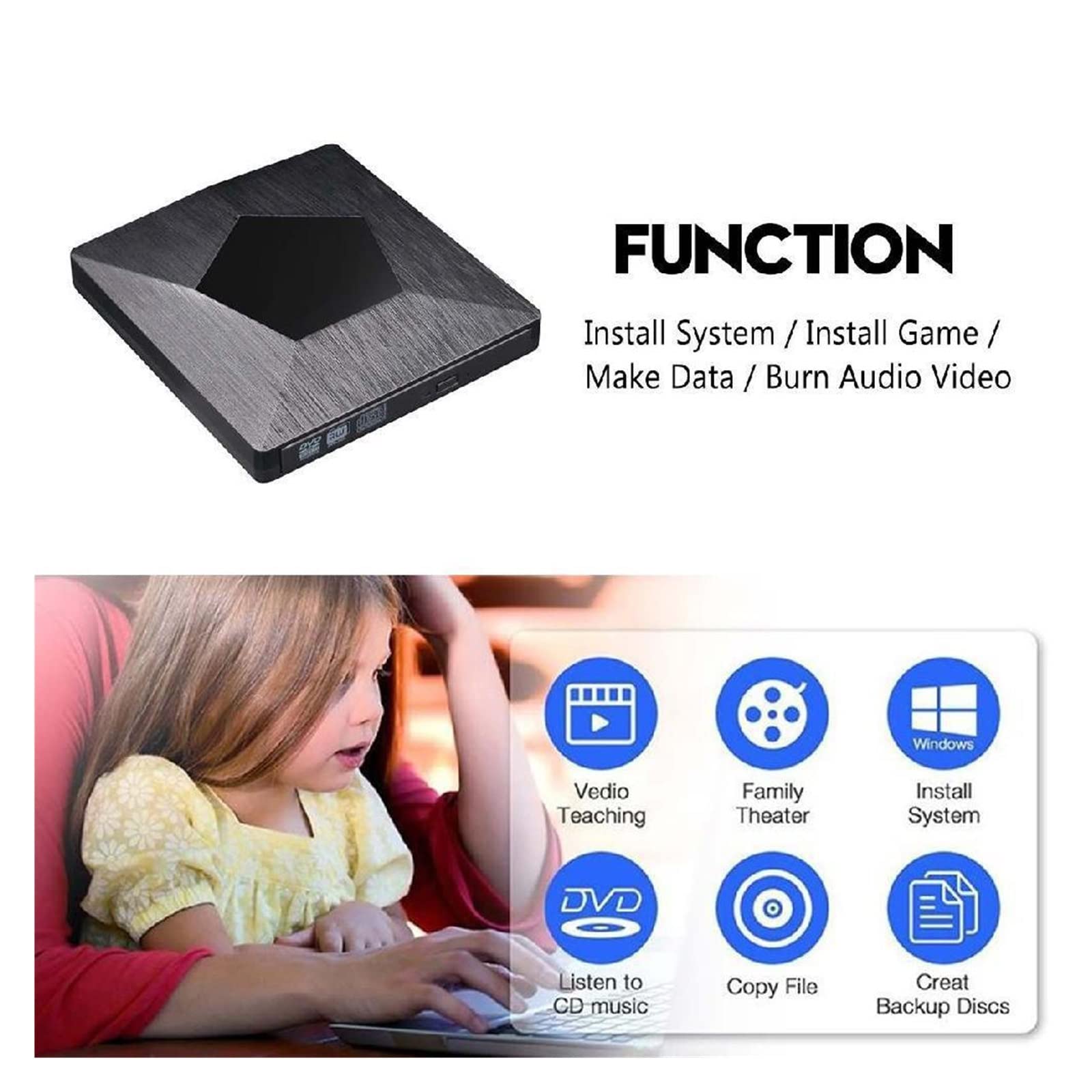 Zewnętrzny napęd DVD napęd optyczny USB/typ C odtwarzacz CD ROM nagrywarka CD-RW nagrywarka czytnik przenośny rejestrator przenośny do laptopa do samochodu i dzieci