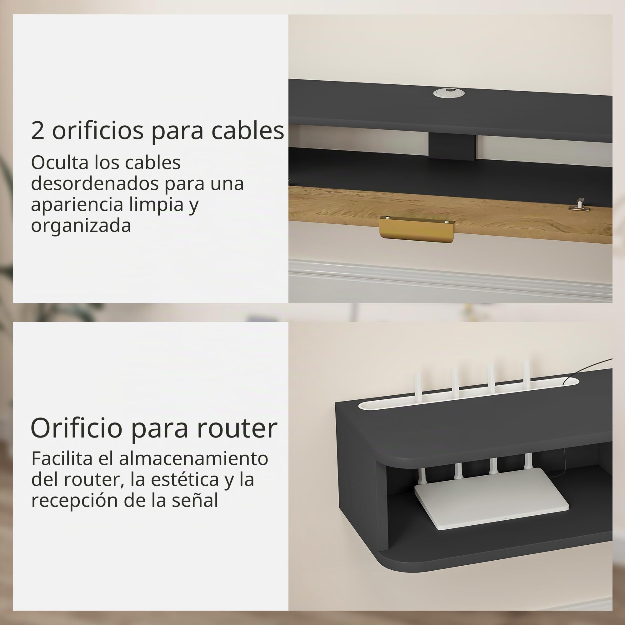 HOMCOM Soporte TV de Pared con Puerta abatible, 160x24x16cm, Gris | Soporte TV de madera, Banco TV de pared, compartimentos abiertos, gestión de cables, para salón dormitorio