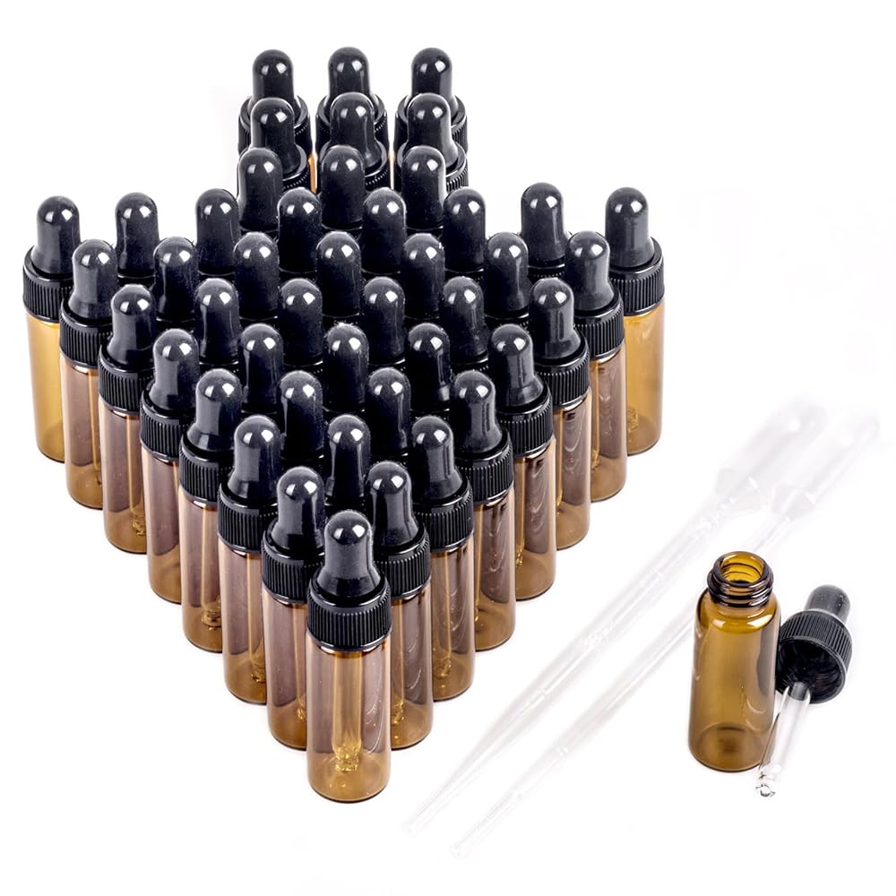 Easeen Sample Dropper Bottles, Mini Dropper Bottles with 2 Pcs Plastic Droppers for Traveling Essential Oils DIY Cosmetic Liquid Sample Perfume (Amber, 5ML)