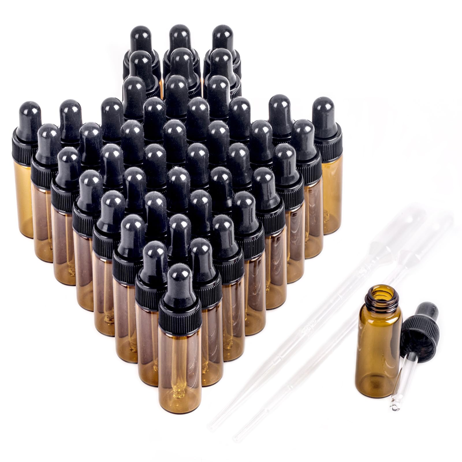 Sample Dropper Bottles, Mini Dropper Bottles with 2 Pcs Plastic Droppers for Traveling Essential Oils DIY Cosmetic Liquid Sample Perfume (Amber, 5ML)