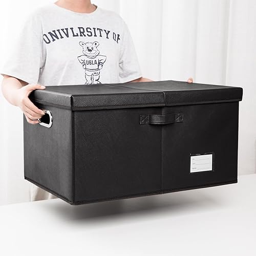 Miniatura 12 de PRANDOM Cajas de almacenamiento apilables grandes con tapas [paquete de 5] contenedores de almacenamiento plegables de tela de cuero, cestas