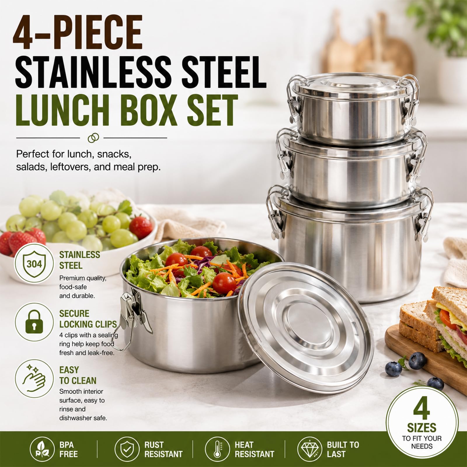 4 Piezas Ronda Fiambrera de Acero Inoxidable con Tapa Bento Box | para Comida Trabajo Escuela Picnic,660ml+1040ml+1590ml+2200ml,Lunch Box Stainless Steel,Lonchera Metalica Sellada Hermetica