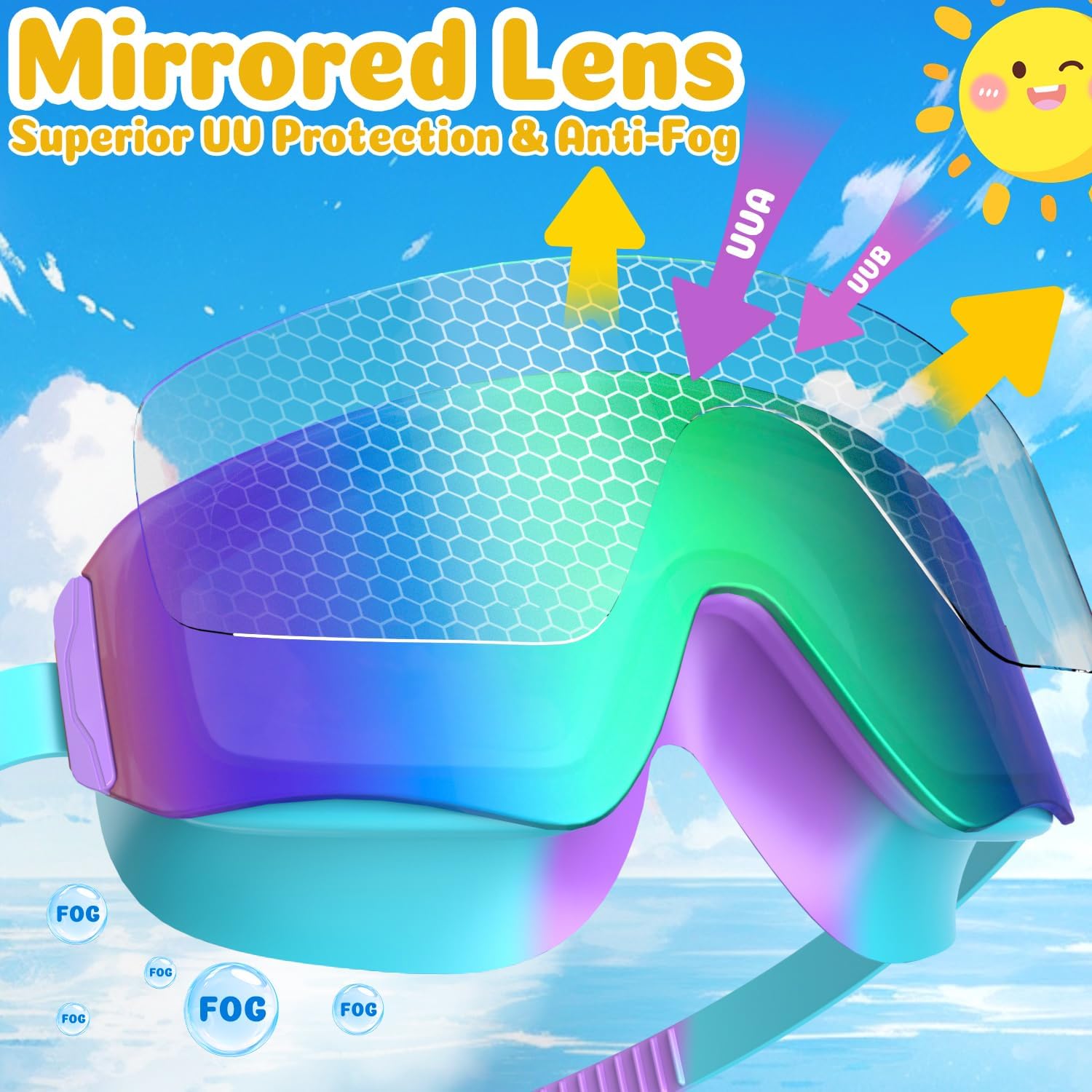 COOLOO 2 Pack Kids Swimming Goggles, Frameless Wide View Kids Goggles, Anti-fog & Anti-UV Goggles kids 4-16 for Girl Boys Youth - Image 2
