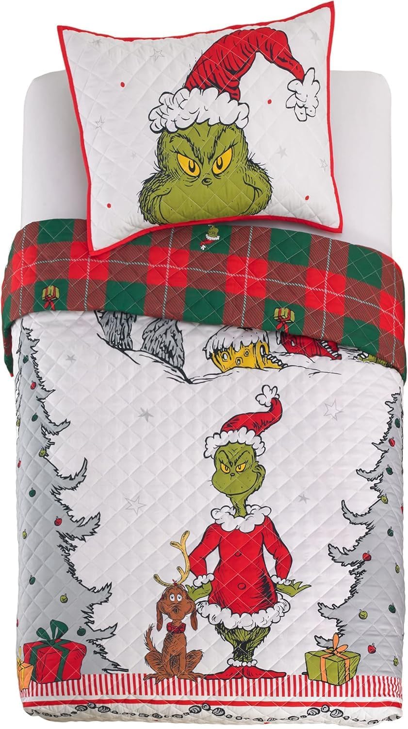 Grinch by Dr. Seuss Holiday & Christmas Quilt Bedding Super Soft 2 Piece Pillow Sham and Quilt Set, Twin Size 68" x 86", (100% Officially Licensed Product) by Franco