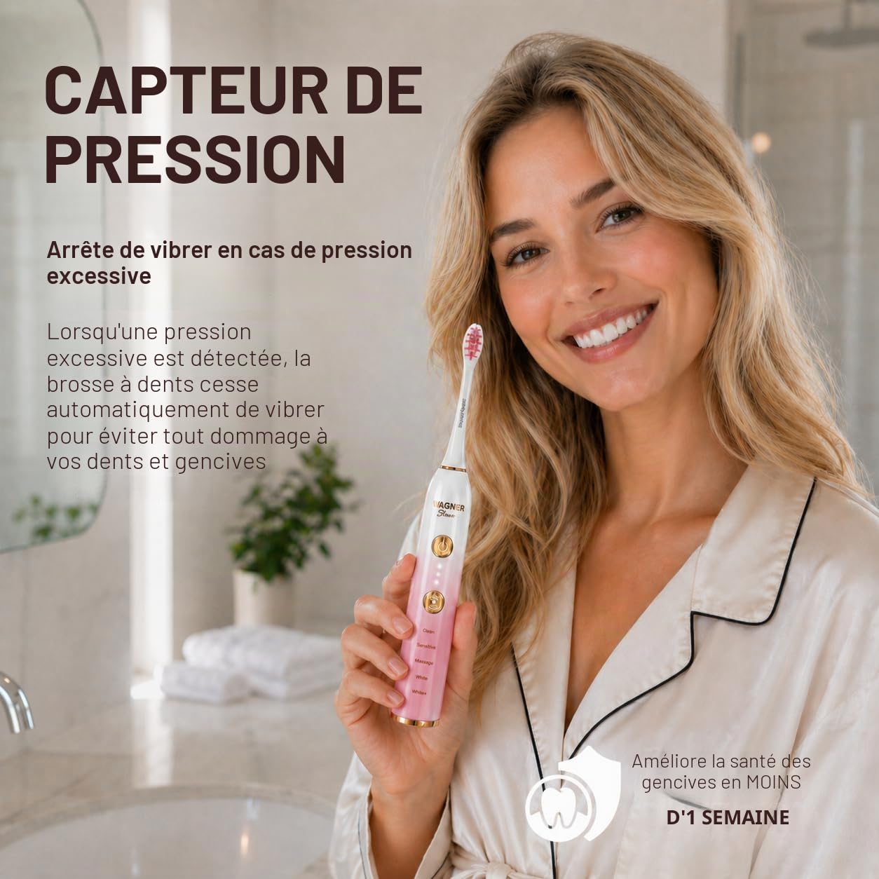 Wagner Stern WHITEN+ – Brosse à dents électrique avec capteur de pression, 5 modes, 3 intensités, 8 têtes souples, moteur puissant, étui de voyage luxe inclus (Pivoine)