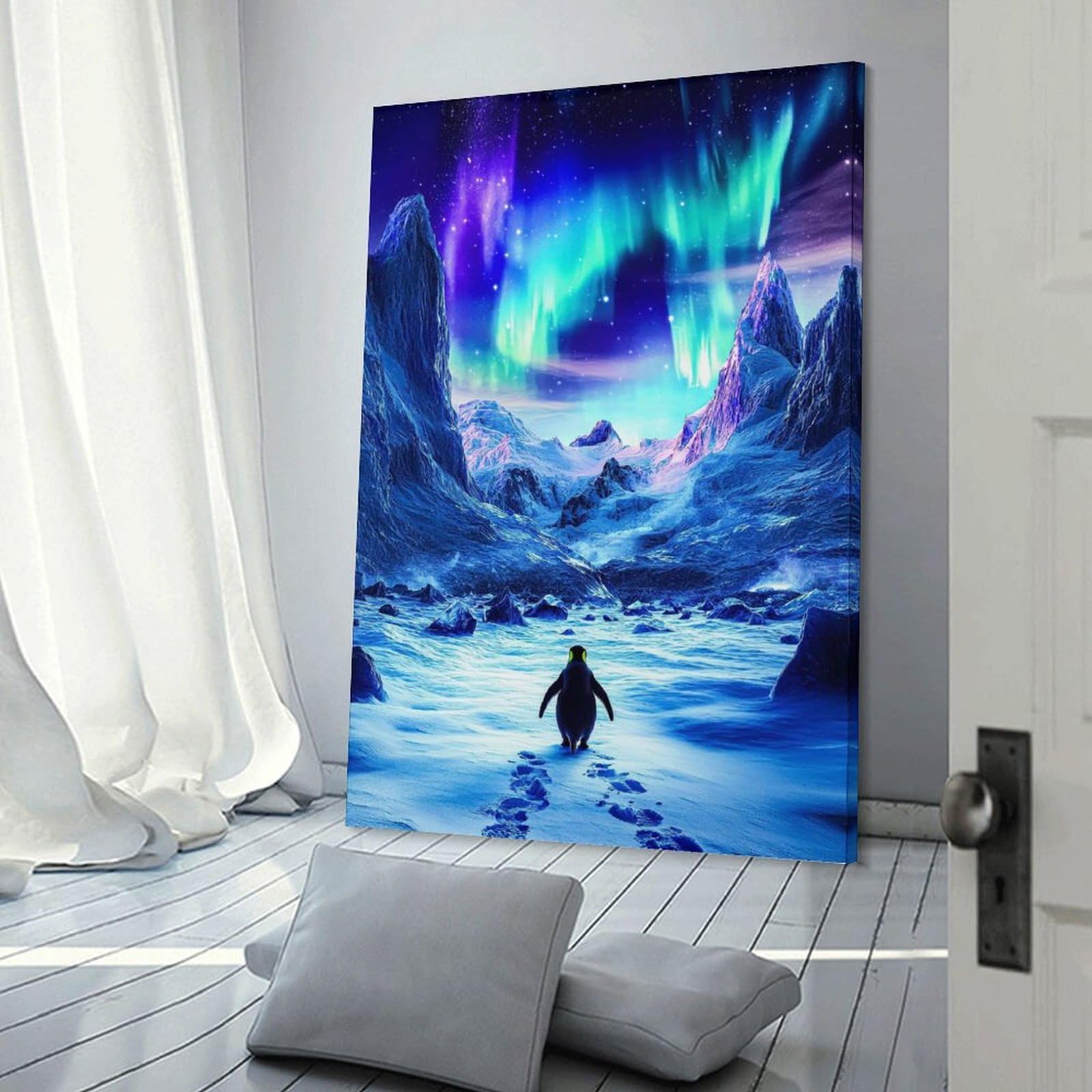 Junmoney Penguin Under Aurora Borealis Canvas Wall Picture, 20x30inch(50x75cm), for Front Hall, Corridor Or Welcome Spaces, Wall Decor to Refresh Empty Corners