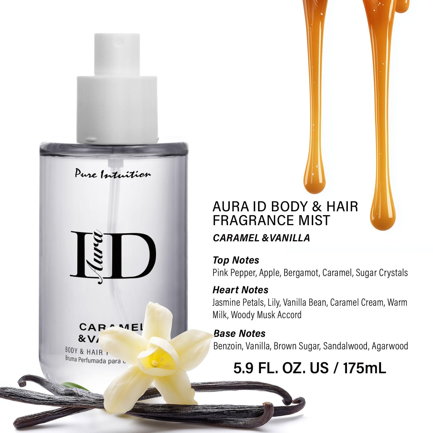 Aura ID Caramel & Vanilla Body & Hair Fragrance Mist, Long-Lasting Perfumed Spray with Premium Scent Notes, 5.9 FL OZ/175mL - Image 2