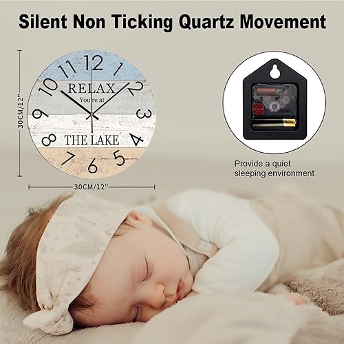 Miniatura 2 de Reloj de pared redondo de madera Relax You're at The Lake funciona con pilas, reloj silencioso sin tictac de 12 x 12 pulgadas para decoración del
