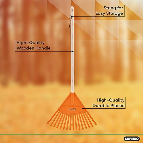 Miniatura 4 de Paquete de 2 rastrillos para niños con mango de madera dura, cabeza de plástico duradero para barrer hojas en el césped y ordenar el jardín, 34