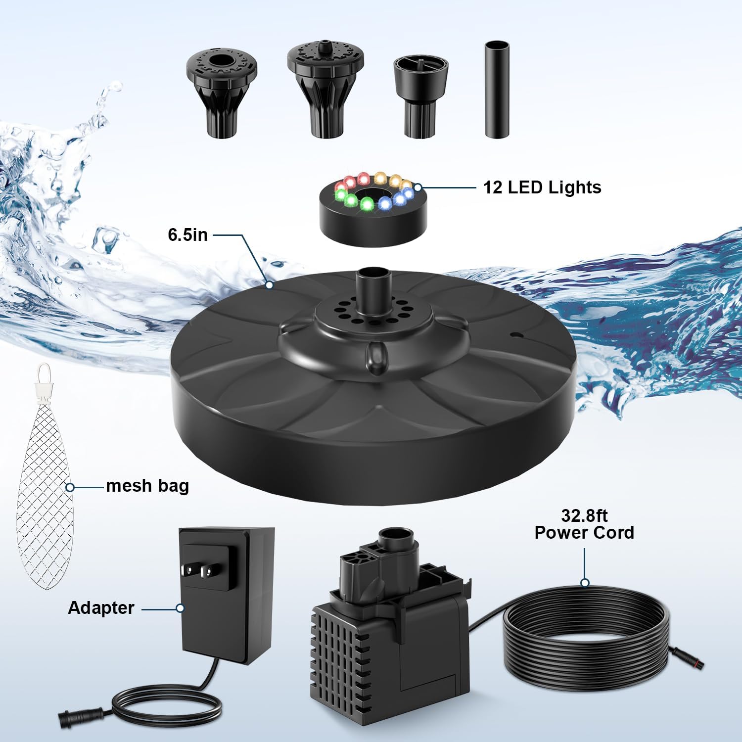 SZMP Upgraded Floating Pool Fountain, Pond Water Fountain with 2 Sprinkler Modes, 32.8ft Power Cord, for Pool, Pond, Lake, Garden, Outdoor, Colorful Led Lights