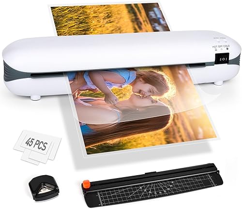 Laminadora A4 de 9 pulgadas, laminadora térmica de escritorio, nunca atasca, 45 bolsas de laminación con recortadora de papel, calentamiento rápido,