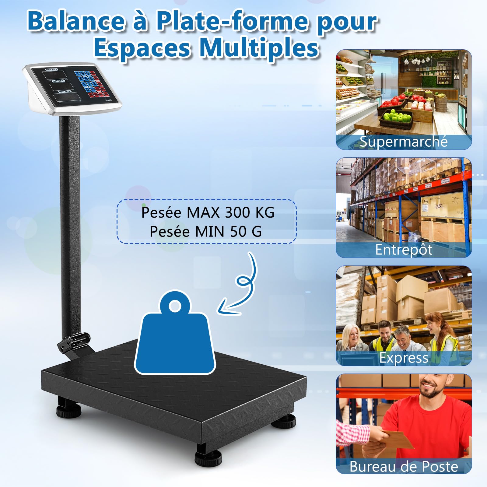 COSTWAY Balance Plateforme Professionnelle Industrielle avec Écran LED, Balance Numérique Pliante, Capacité 300 Kg, Précision 50 g, Autonomie 10 h, pour Colis, Entrepôts, Bagages (Noir)