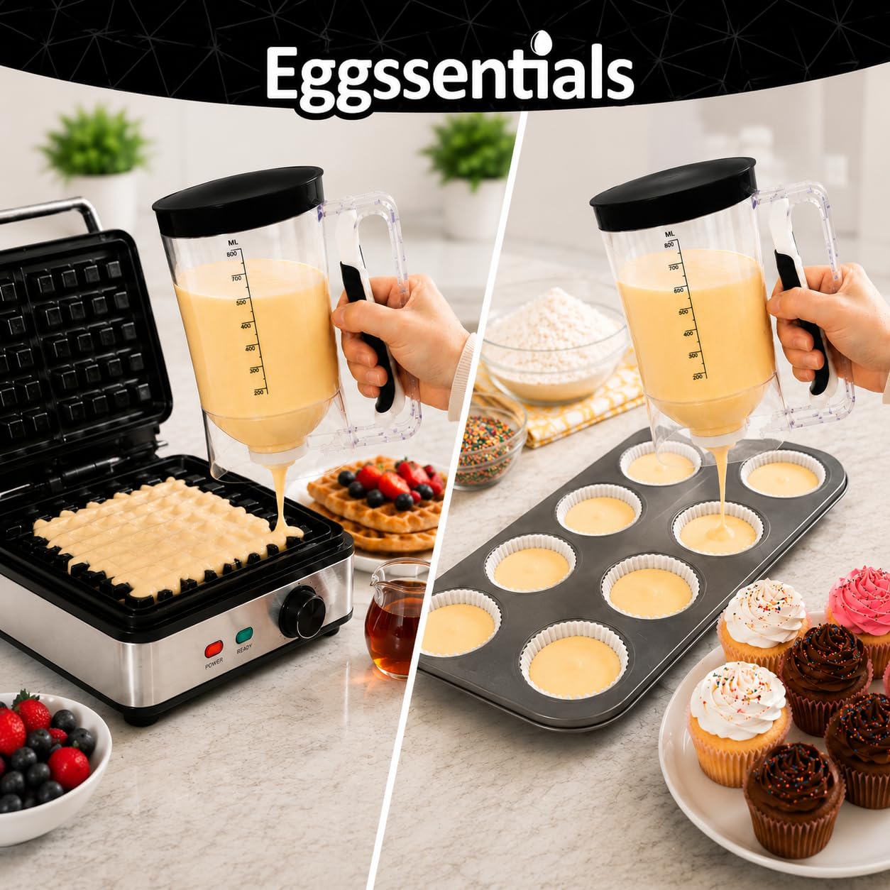 Eggssentials – Dispensador de masa con mango para apretar sin desorden, dispensador de masa para panqueques, cupcakes, gofres y más – Botella dispensadora de panqueques duradera y fácil de verter para
