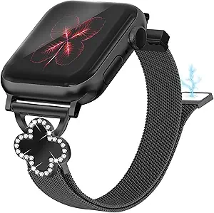 Joyozy Slim Metal Band Compatible with Apple Watch Band 38mm 40mm 41mm 42mm 44mm 45mm 46mm 49mm Skinny Magnetic Strap with Bling Charms, Cute Stainless Steel Band, Dressy Thin iWatch Bracelet for Women