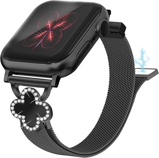 Joyozy Slim Metal Band Compatible with Apple Watch Band 38mm 40mm 41mm 42mm 44mm 45mm 46mm 49mm Skinny Magnetic Strap with Bling Charms, Cute Stainless Steel Band, Dressy Thin iWatch Bracelet for Women