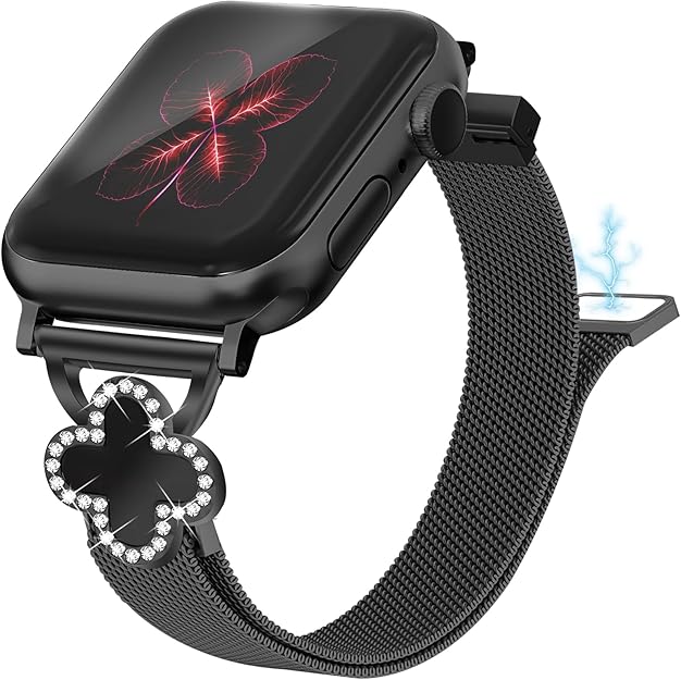 Joyozy Slim Metal Band Compatible with Apple Watch Band 38mm 40mm 41mm 42mm 44mm 45mm 46mm 49mm Skinny Magnetic Strap with Bling Charms, Cute Stainless Steel Band, Dressy Thin iWatch Bracelet for Women
