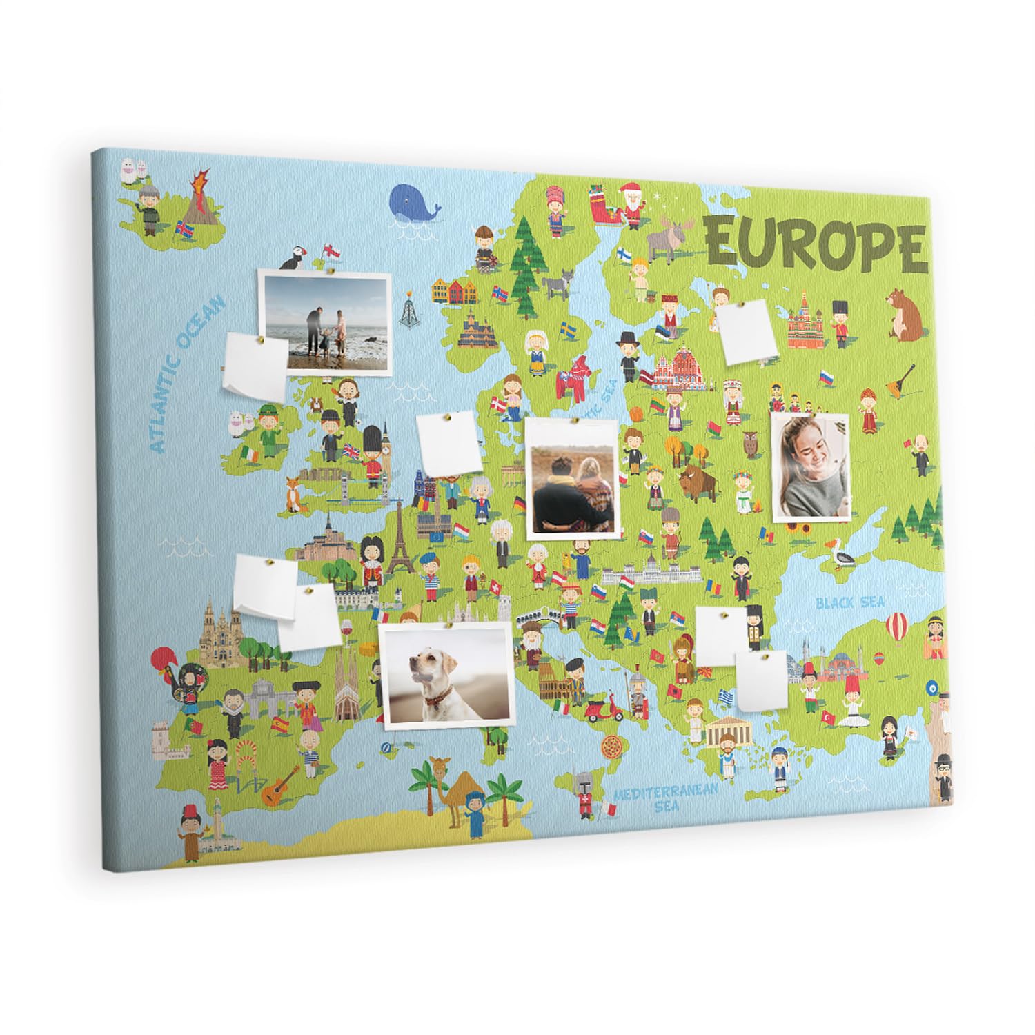 Pannello in sughero orizzontale decorativo | lavagna murale per ufficio scuola casa | organizzazione creativa di appunti foto e progetti - 140x100 - colorato - Mappa del mondo con bandiere