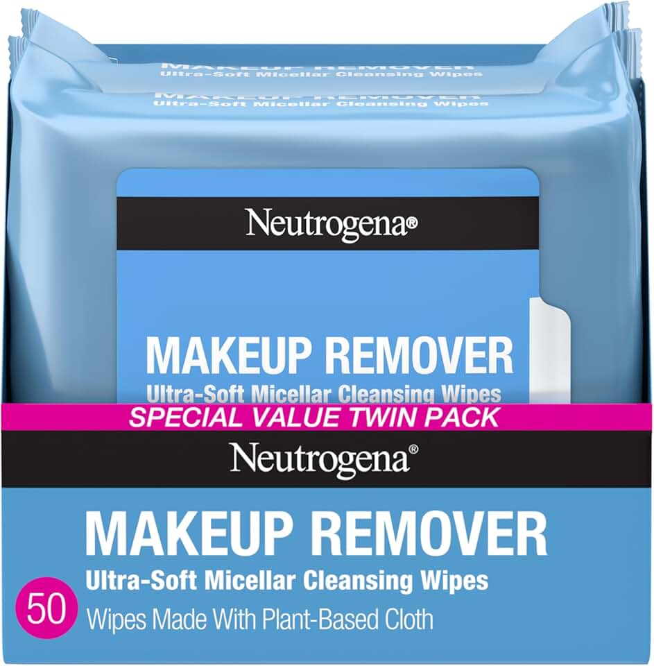 Neutrogena Makeup Remover 濕巾 Micellar Alcohol-Free Face Towelettes Remove Waterproof Mascara & 護膚油, Compostable 100% 植物基 Cloth, Dermatologist & Ophthalmologist Tested, Twin 包裝 2 x 25 ct