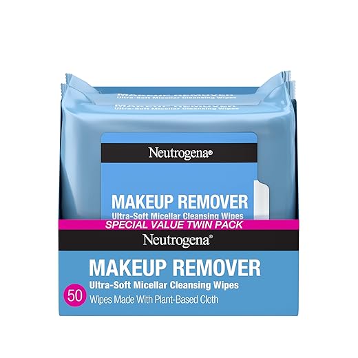 Neutrogena Cleansing Fragrance Free Makeup Remover Face Wipes, Cleansing Facial Towelettes for Waterproof Makeup, Alcohol-Free, Unscented, 100% Plant-Based Fibers, Twin Pack, 2 x 25 ct