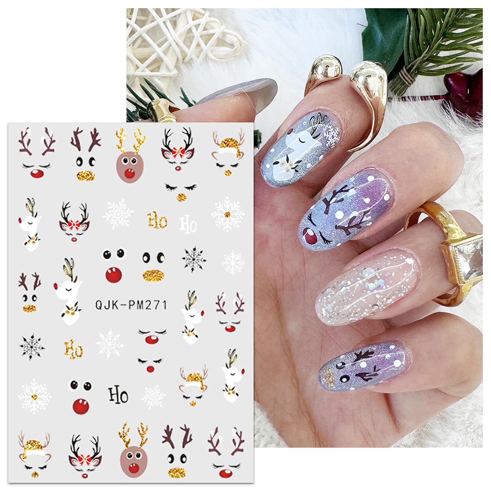 JMEOWIO Weihnachts-Nagelsticker - 10 Blätter Mit Glitzer, Schneeflocken & Gold-Designs Für DIY Nail Art (selbstklebend)