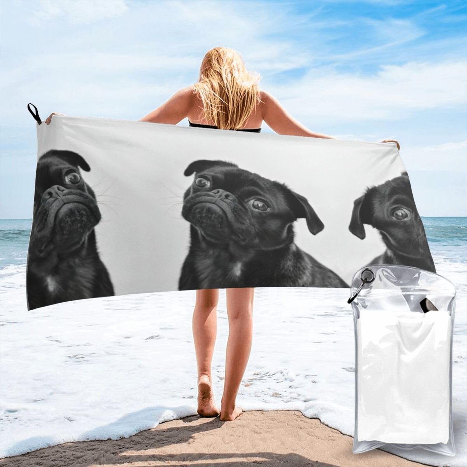 WYCZHY Cute Black Pug Dog Print Beach Towel Soft Quick Dry For Spa Pool Gym Vacation Travelers Women Men Adults Sauna Gift