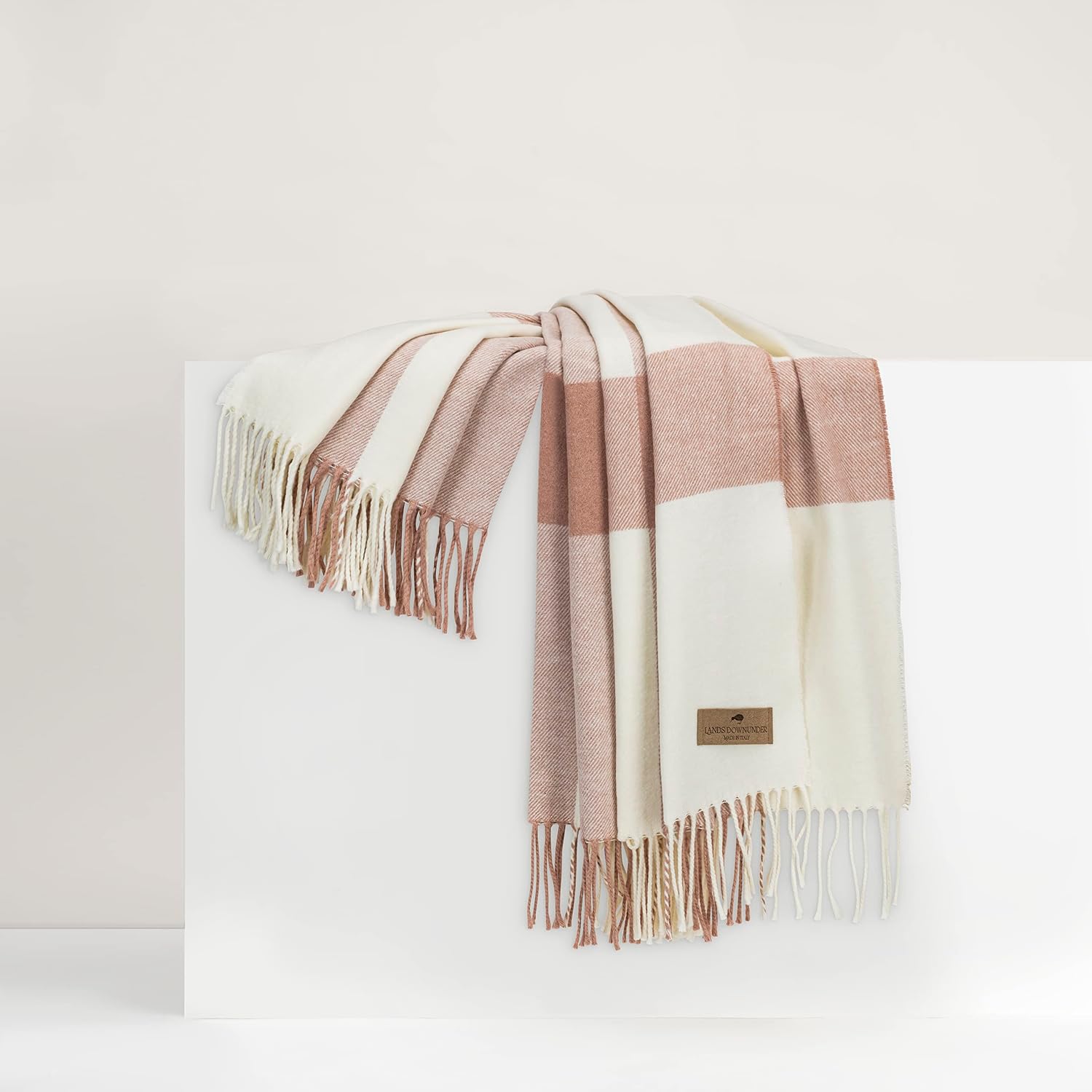 Lands Downunder All-Season, Luxury Rose Quartz Wellington Plaid Throw – Soft Woven Throw with Decorative Fringe – Made in Italy – 51”W x 67”L - Perfect for Gifting