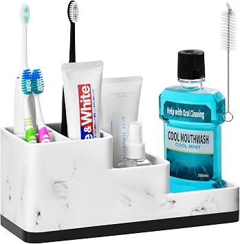 VITVITI Toothbrush Holder for Bathroom, Bathroom Organizer Countertop, 5 Compartment Bathroom Accessories Storage for Toothpaste/Vanity Counter, White Resin of Marble Color