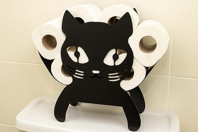 HomeZone Novelty Black Cat Toilet Roll Holder Metal Bathroom Kitty Kitten Storage Loo Roll Stand Wall Mounted Free Standing Spacious Holds up to 5 Rolls