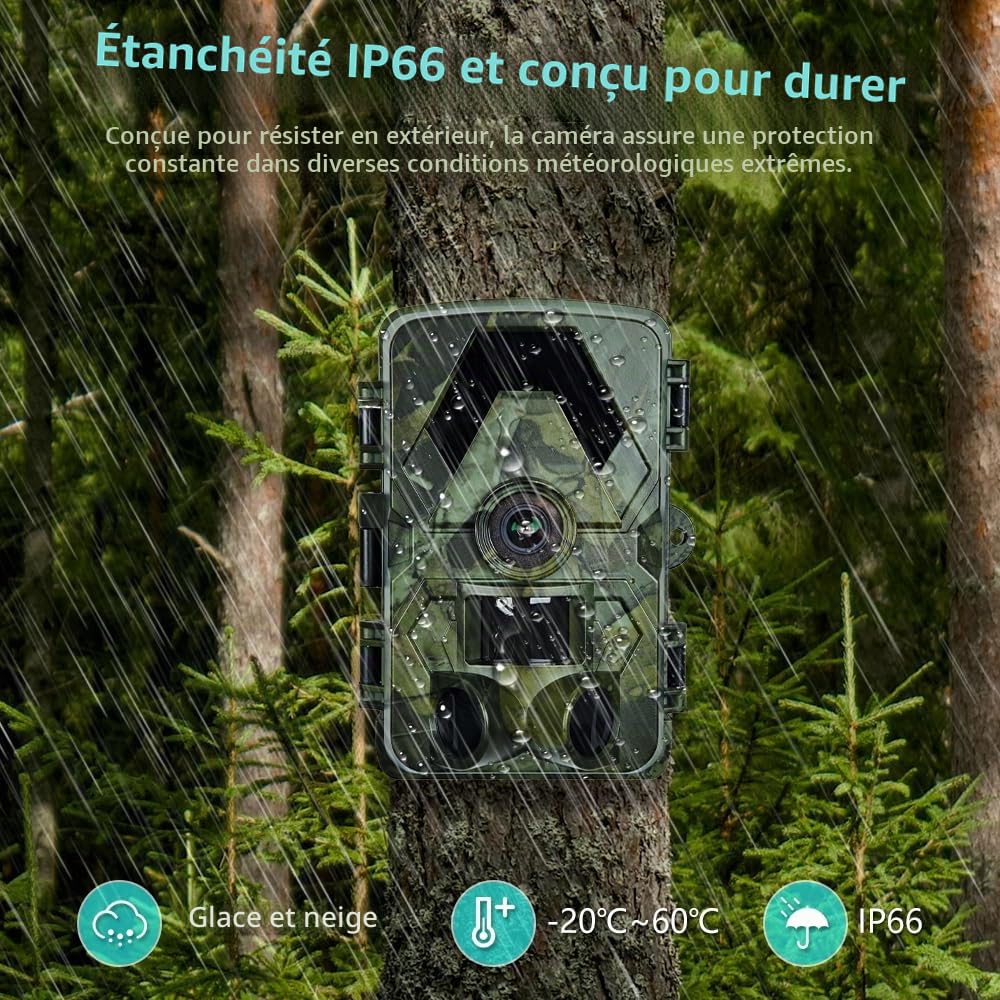Caméra de faune, Caméra de faune 5K 60MP, Caméra de chasse grand angle de 30m 130, Temps de déclenchement de 0,05s, Vision nocturne, Capteur de mouvement, Étanche IP66, Pas de scintillement, LED