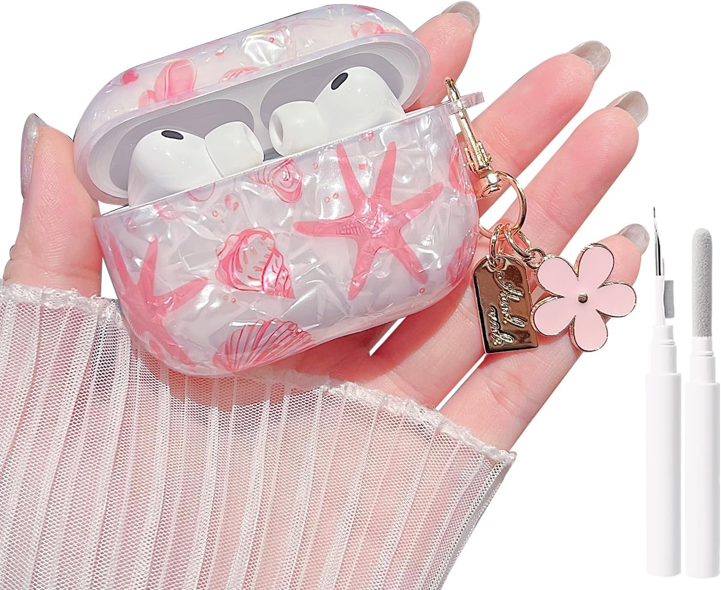 MINSCOSE for AirPods Pro 3 Clear Case,Cute Glitter Seashell and Starfish Pattern Design with Folral Keychain,Soft TPU Protective Cover with Cleaner Kit for Girls Women-Pink