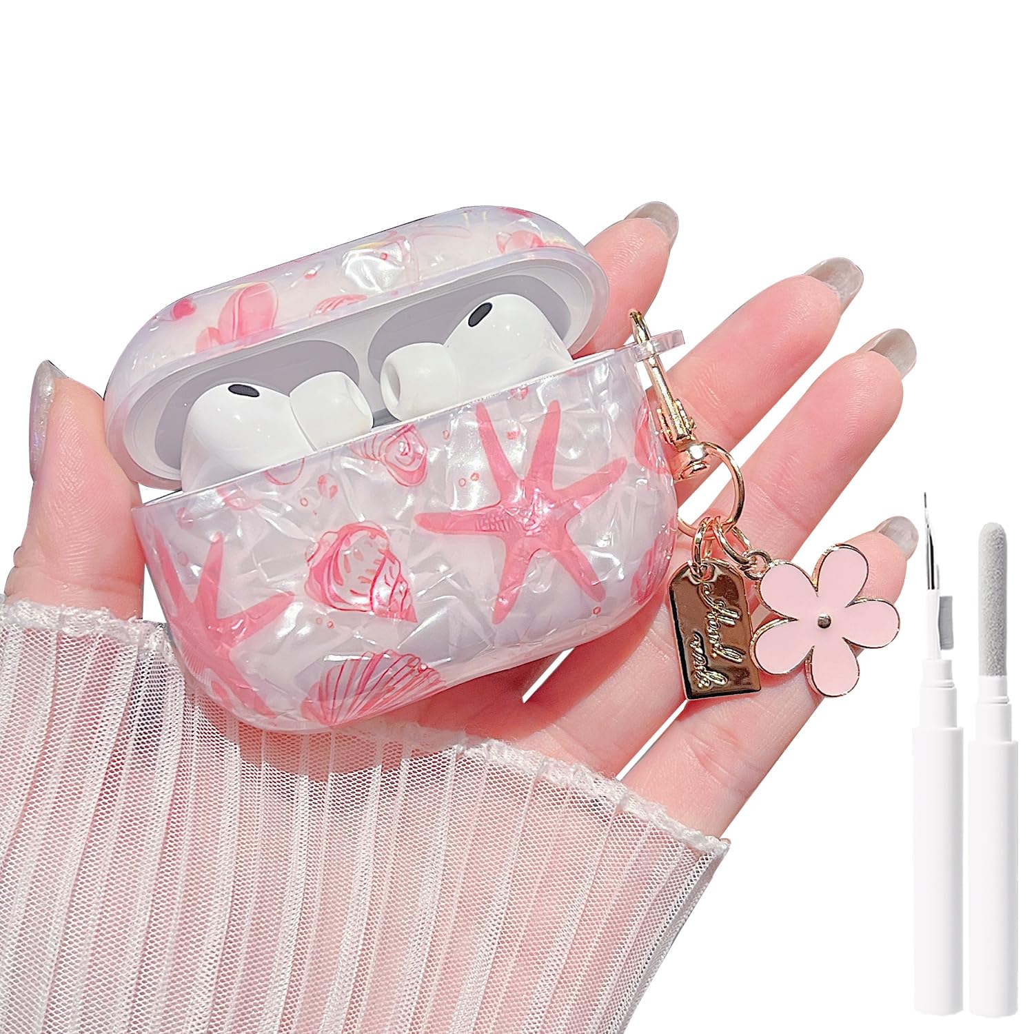 MINSCOSE for AirPods Pro 3 Clear Case,Cute Glitter Seashell and Starfish Pattern Design with Folral Keychain,Soft TPU Protective Cover with Cleaner Kit for Girls Women-Pink