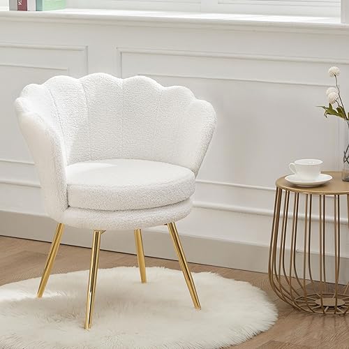 Miniatura 3 de Silla de tocador de peluche con respaldo, silla pequeña moderna de mediados de siglo para sala de estar, patas de metal dorado, silla de maquillaje