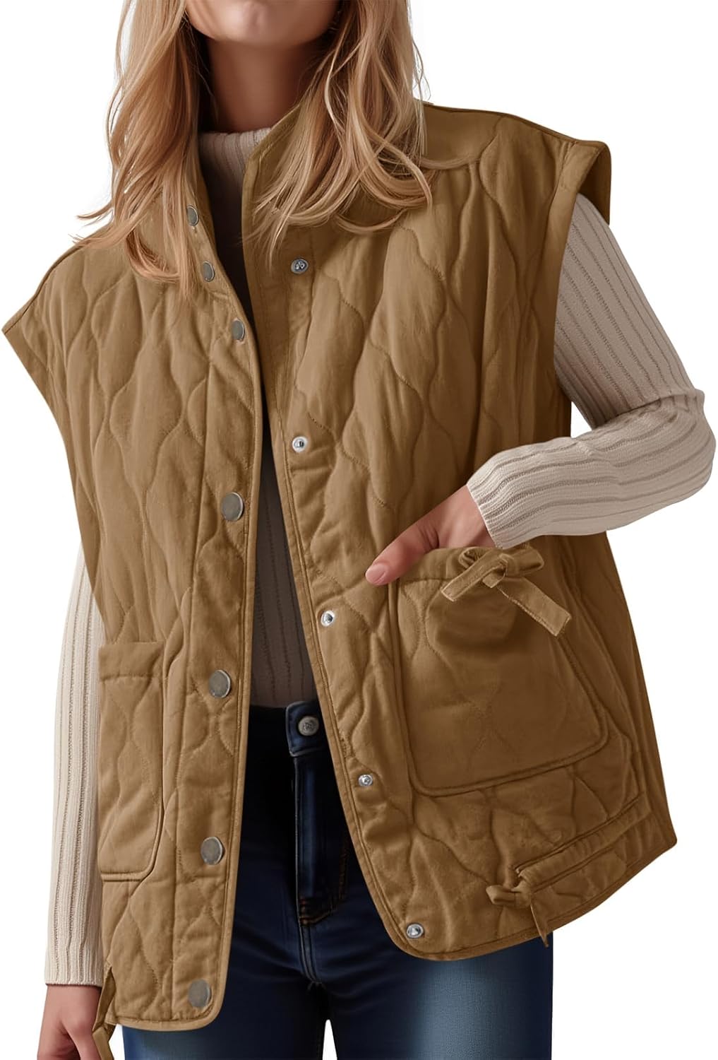 Cicy Bell Womens Puffer Quilted Vest Lightweight Stand Collar Cap Sleeve Jackets Button Down Padded Gilet Winter Outerwear