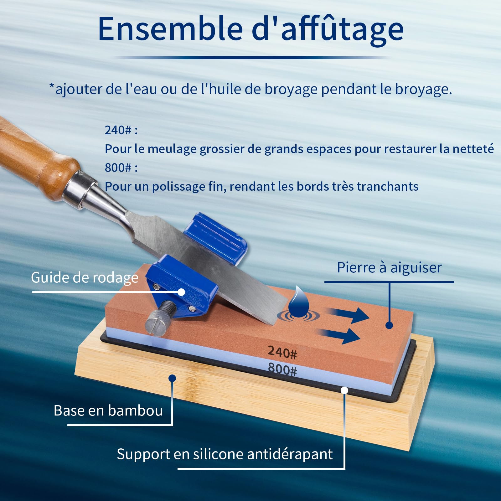 Lot de 8 ciseaux à bois professionnels avec 1 guide d'affûtage et 1 pierre à aiguiser