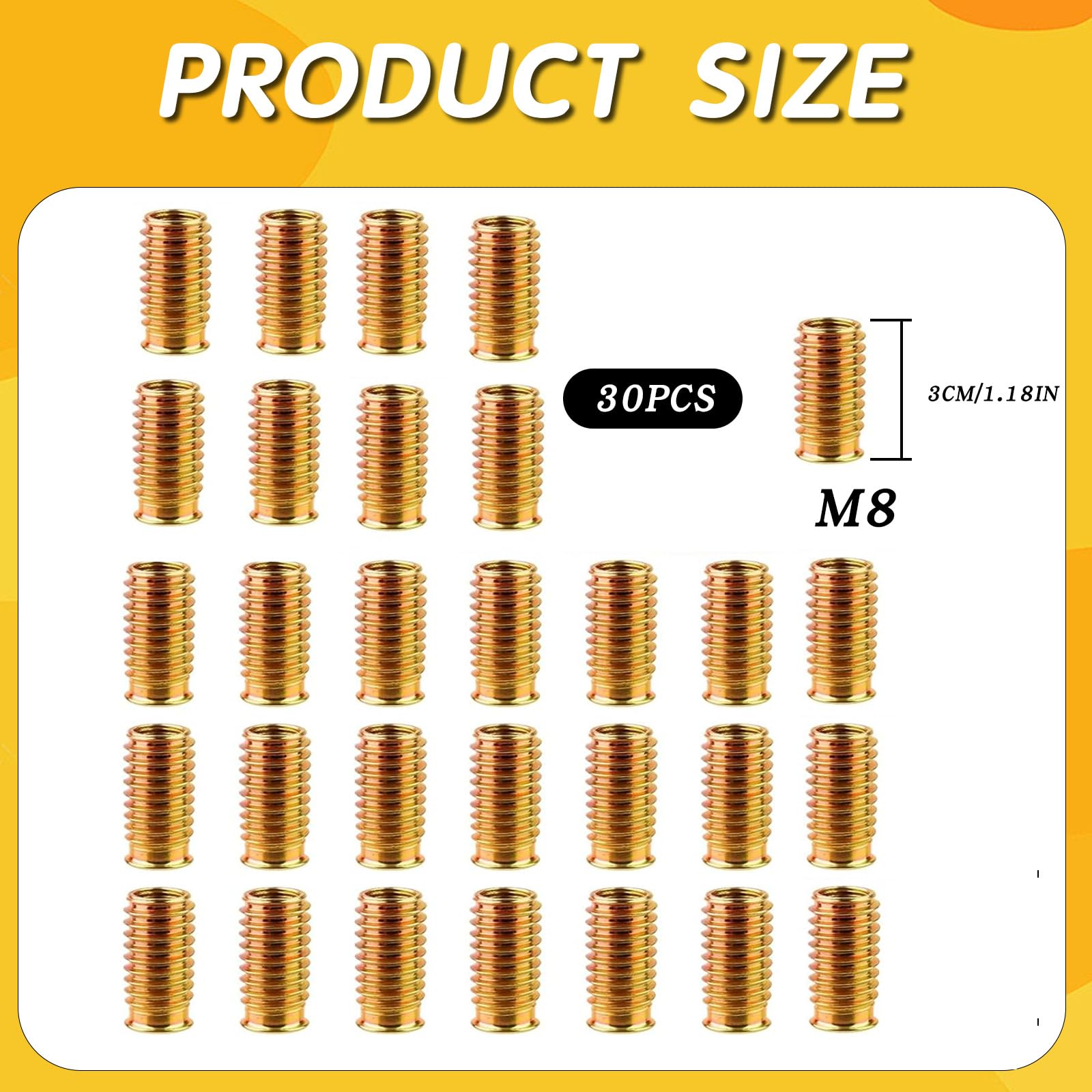 Inserti filettati per Legno M8 30 Pezzi M8x30mm in Acciaio zincato Resistenti alla ruggine Dadi a Inserto per mobili Fai da Te Montaggio strutture in Legno per casa e Officina