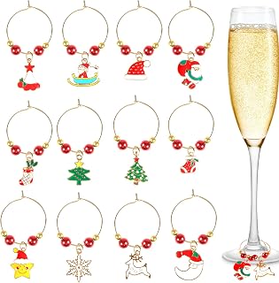 12pcs Wine Glass Charms, Christmas Wine Glass Charms Markers Tag Identification, Wine Glass Charm Rings for Collecting Holiday Gifts Party Favors Drinks Decor