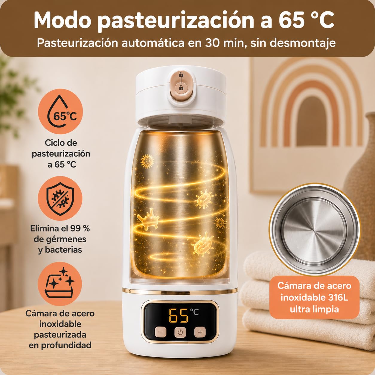 Calentador de Biberones Portátil Sin Cable 500ml, Agua y Leche Materna, Viaje/Coche/Noche, Cepillo Incluido, Diseño Dorado Premium Auto-Pasteurización