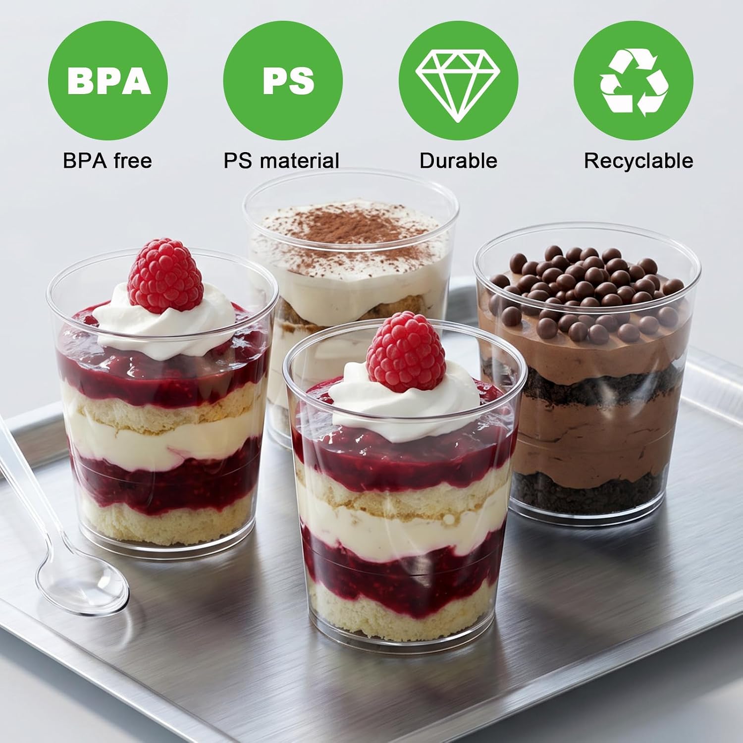 100 Pack Clear Plastic Dessert Cups with Spoons, 3 Oz Mini Parfait Cups Shot Glasses for Pudding, Appetizers, Ice Cream, Party Supplies