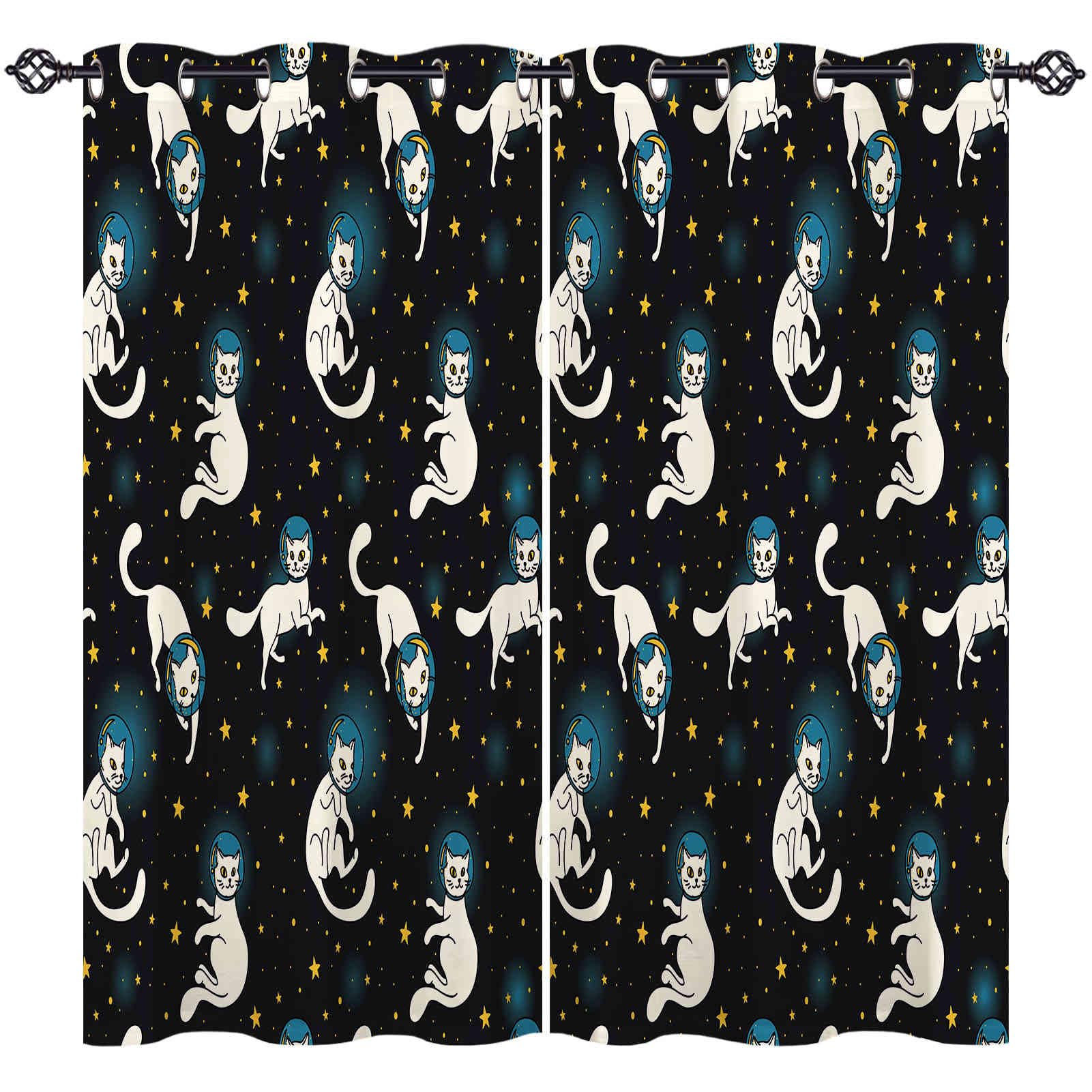 ANHOPE Space Cat Curtains Eyelet Ring Top Blackout Thermal Insulated Curtains Cosmic Astronaut white Cat Doodle Print Pattern Soft Window Drapes for Bedroom Living Room 42 x 63 Inch 2 Panels — image 1