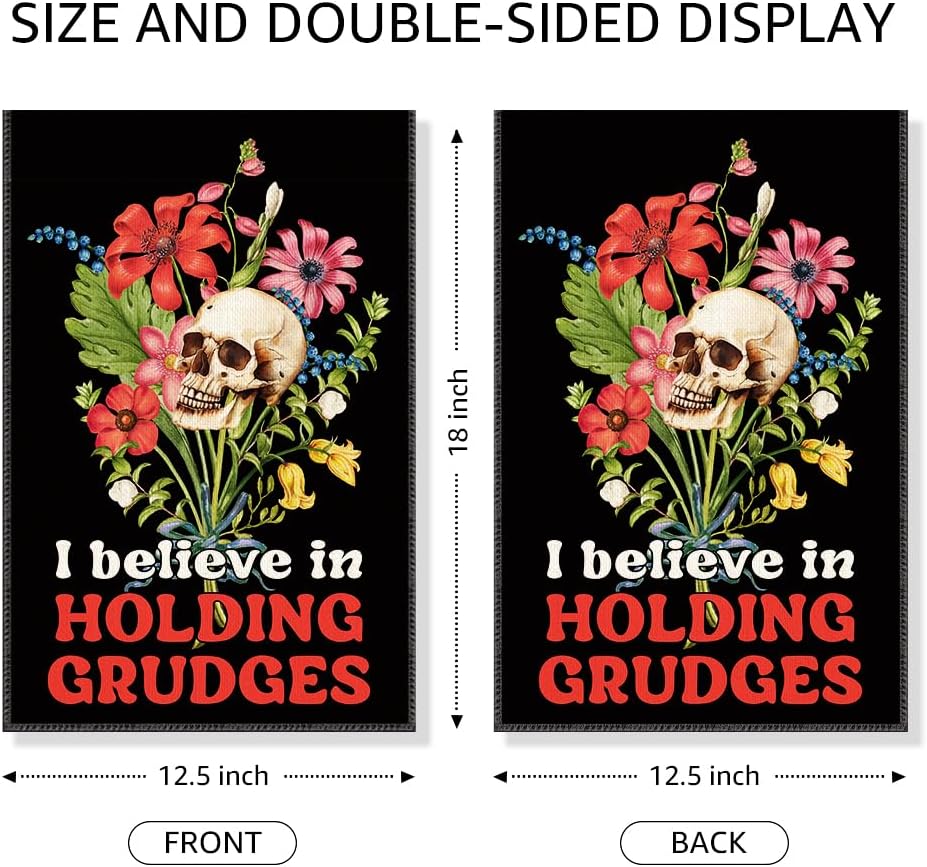 I Believe In Holding Grudges Garden Flag, Funny Floral Skull Halloween Yard Sign for Outside, Sarcastic Skeleton Halloween Decor for Ourdoor Lawn Porch, Inclusive Equality Liberal Fall Banner - Image 2