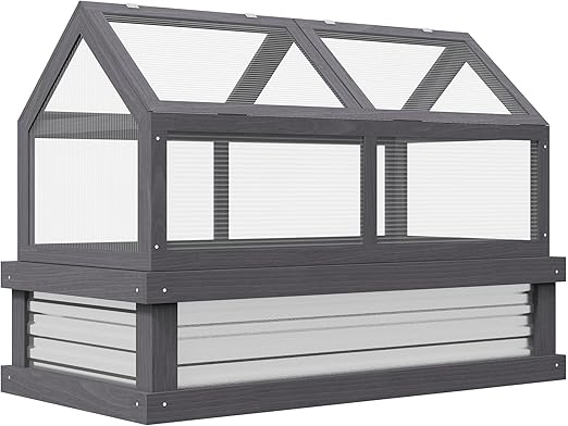 Outsunny Raised Garden Bed with Polycarbonate Greenhouse, Wooden Garden Cold Frame Greenhouse, Flower Planter Protection, 48" x 24" x 32", Gray