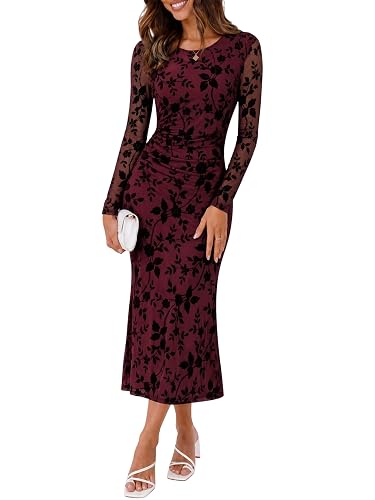 Valiamcep Womens Crewneck Mesh Floral Midi Bodycon Dresses